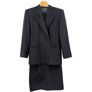 Vintage M. Yoko Japan Wool Geometic Pattern Cut Out Blazer Skirt Set Black M